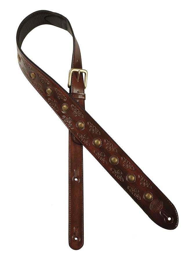 Gaucho Stellar Series PU leather guitar strap, carving and brass buttons, dark brown