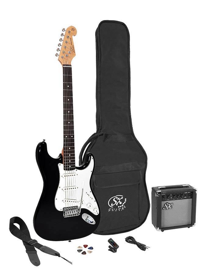 Stratocaster style 4/4 electric guitar pack, 10W amp, bag, tuner, strap, cable & 6 picks, black 