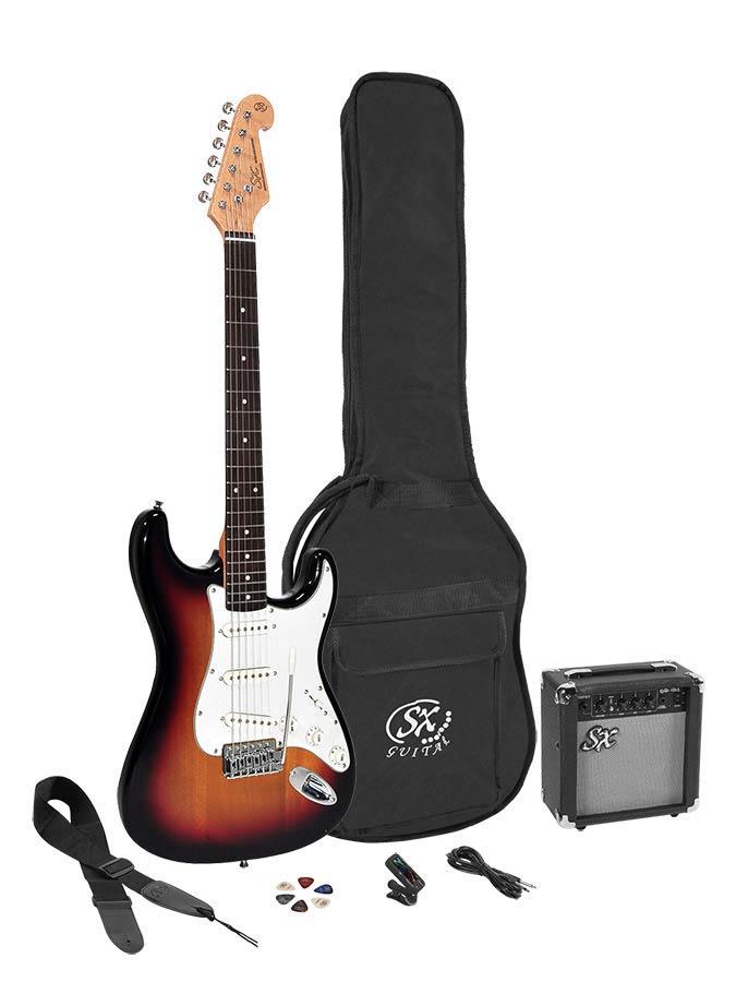 Stratocaster style 4/4 electric guitar pack, 10W amp, bag, tuner, strap, cable & 6 picks, sunburst