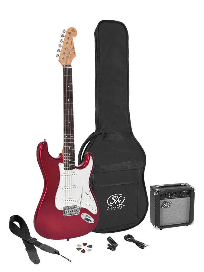 Stratocaster style 4/4 electric guitar pack, 10W amp, bag, tuner, strap, cable & 6 picks, candy apple red