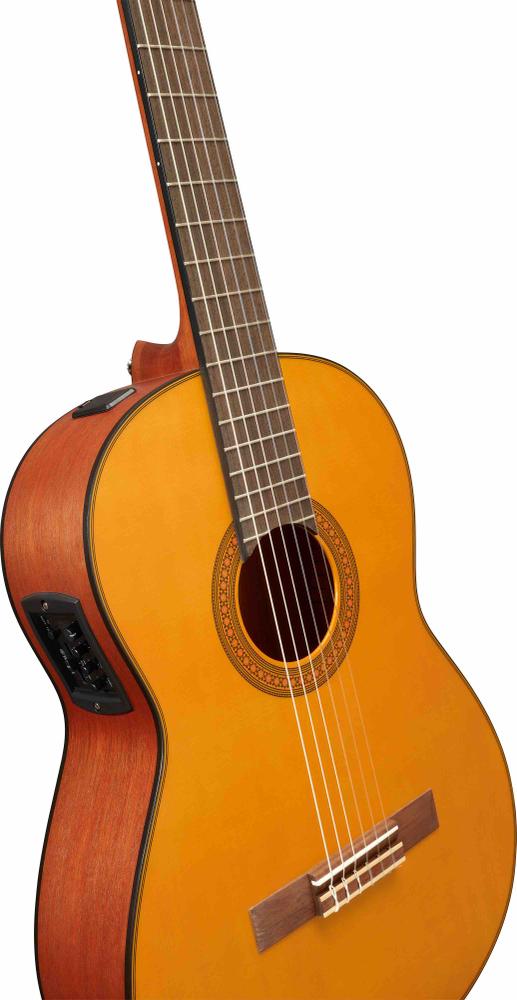 Traditional classical guitar with a pickup system and modern matte finish. Solid spruce top.
