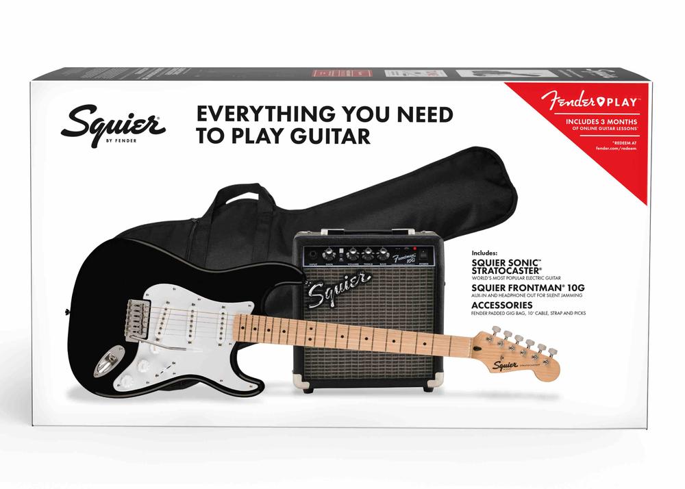 Squier Sonic™ Stratocaster® Starter Pack, Maple Fingerboard, Black, Gig Bag, 10G 